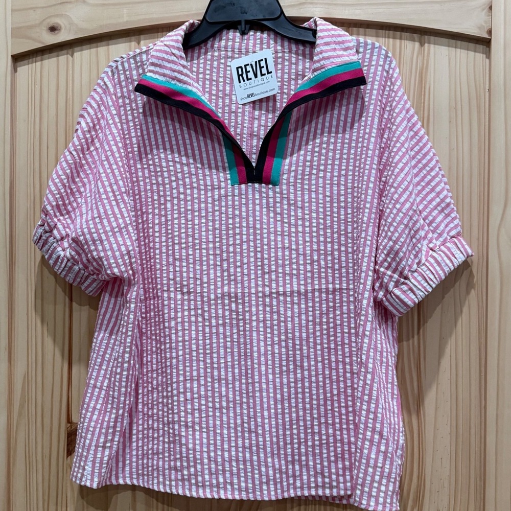 Revel Boutique Girl Boss Striped Blouse Pink White Seersucker Split Neck Small